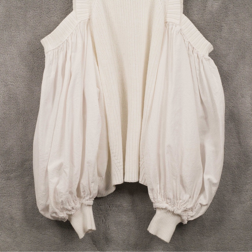 FREE PEOPLE Mixed Media Cold Shoulder Sweater Balloon Sleeve Beachy Ivory Sz S - Picture 4 of 7